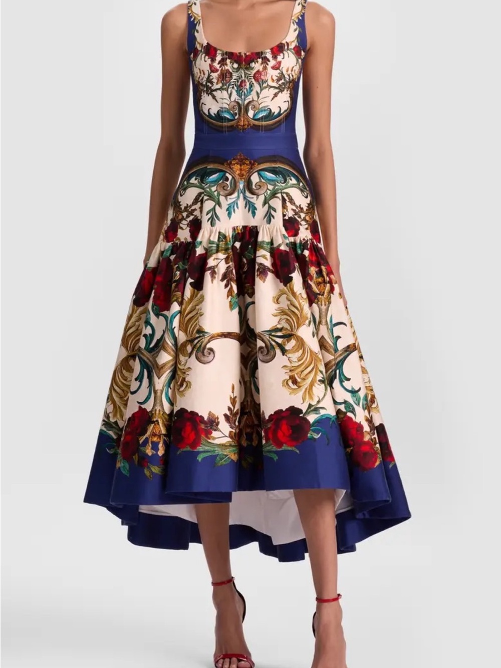Alice + Olivia Blue, Cream & Red Floral High-Low Midi Dress